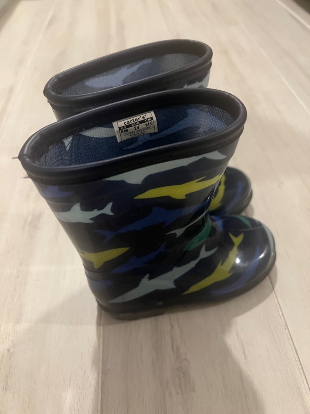 Carter's Kids Shark Camo Rain Boots in Navy, Yellow & Blue